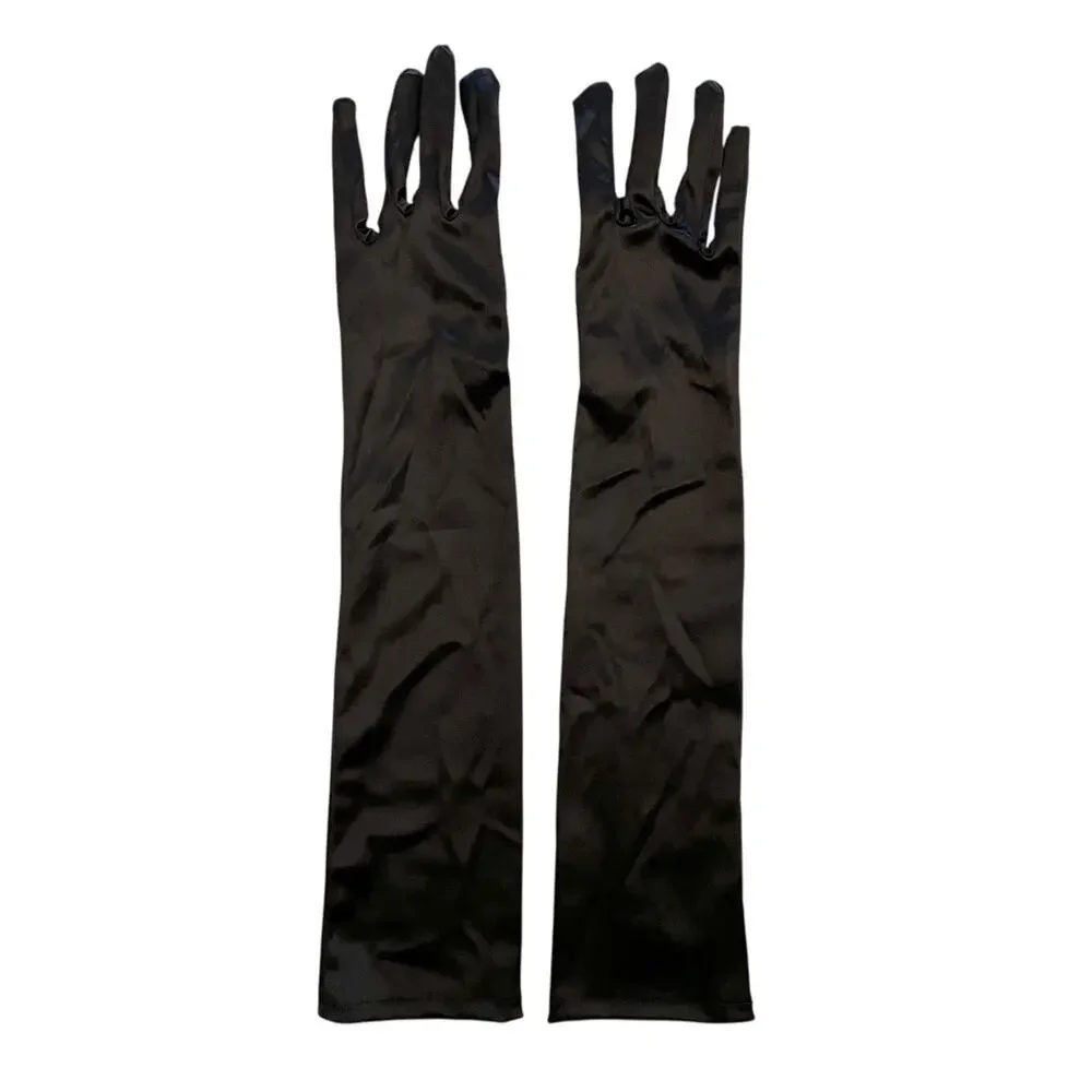 Vintage Black Satin Long Formal Elbow-Length Evening Gloves Size S/M